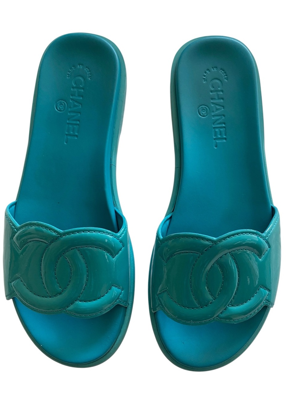 CHANEL Teal Patent CC Logo Slide Sandals - Women